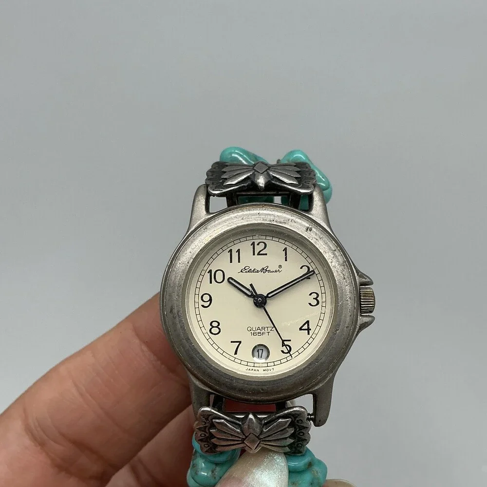 Eddie Bauer V173 Womens Watch 27mm Turquoise Beaded 925 Bracelet New Battery
